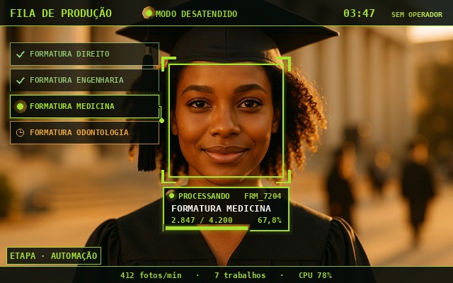 Monitores exibindo lotes de fotos em fila de produção