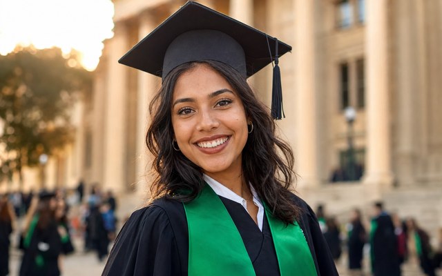Foto aprovada — aluna com olhos abertos e sorrindo