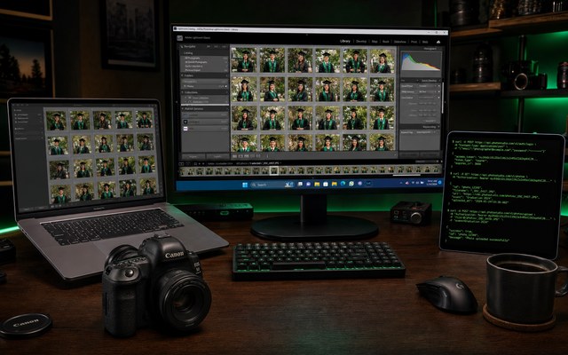 Fotógrafo revisando material no computador durante madrugada